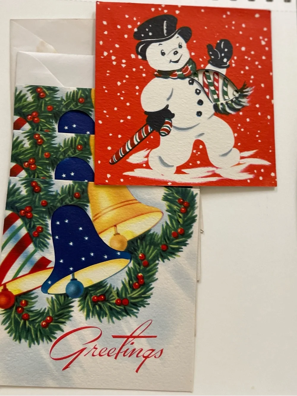 4 Vintage Christmas cards with snowman and bell designs
